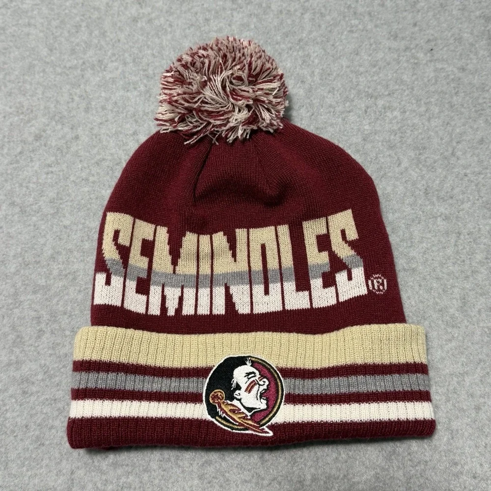 FSU Seminoles Captivating Brand Bering Cuff Knit Beanie Hat Pom Garnet Red Gold